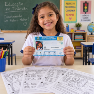 Criança segurando carteira de motorista mirim com atividades educativas de trânsito sobre a mesa.