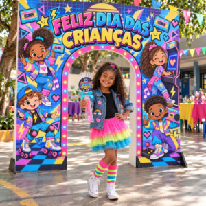 menina segurando lembrancinha dia das crianças com tag redonda retrô e bolinha de sabão