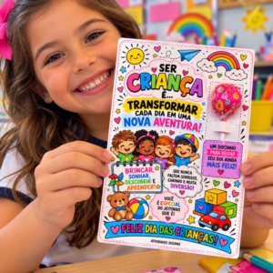 Cartão colorido feliz dia das crianças com espaço para pirulito para imprimir em PDF
