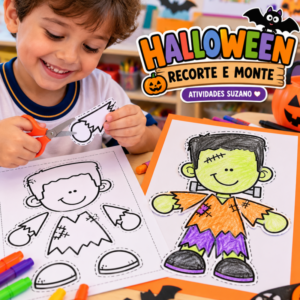 Capa do material Halloween Recorte e Monte com criança recortando um Frankenstein