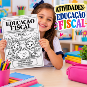 Capa do material Educação Fiscal 4º ano com crianças e cofrinho