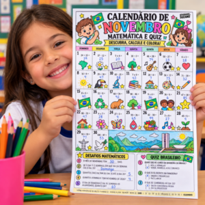 Calendário infantil de novembro de 2026 colorido com datas comemorativas