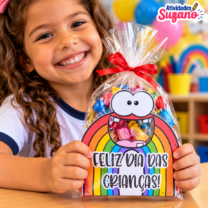 lembrancinha porta bombom arco iris dia das crianças com celofane dentro e doces aparecendo na boquinha