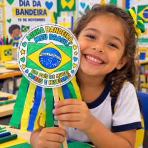 Menina segurando atividade minha bandeira meu Brasil dia da bandeira 19 de novembro para colorir