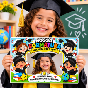 Duas molduras coloridas para foto formatura educação infantil com tema nossa formatura e espaço para inserir foto dos alunos com formandos fofos de capelo