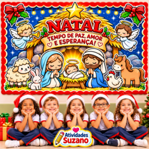Painel de Natal para escola com presépio infantil, anjos e frase de paz, amor e esperança