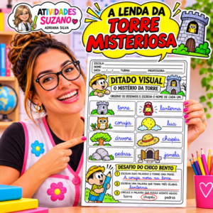 Professora segurando atividade de interpretação de texto A Lenda da Torre Misteriosa com Chico Bento, colorida e respondida, da Atividades Suzano.