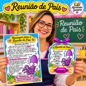 Kit reunião de pais para imprimir com mensagem e lembrancinha no tema polvo e fundo do mar.