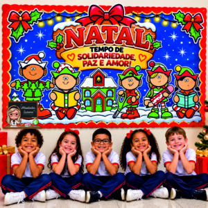 Painel de Natal para escola com duendes natalinos, escola decorada e frase sobre solidariedade, paz e amor